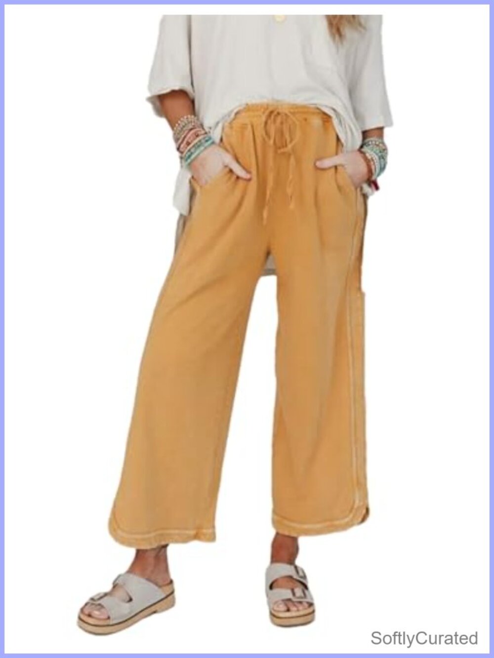 Wide Leg Drawstring Waist Sweatpants Acid Wash Curved Hem Side Slits